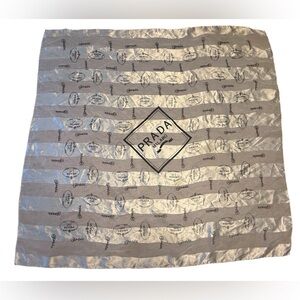 Vintage Prada Silver and Gray Stripe Logo Large Square Scarf